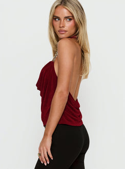 Marvelle Plunge Neck Hardware Detail Top Burgundy