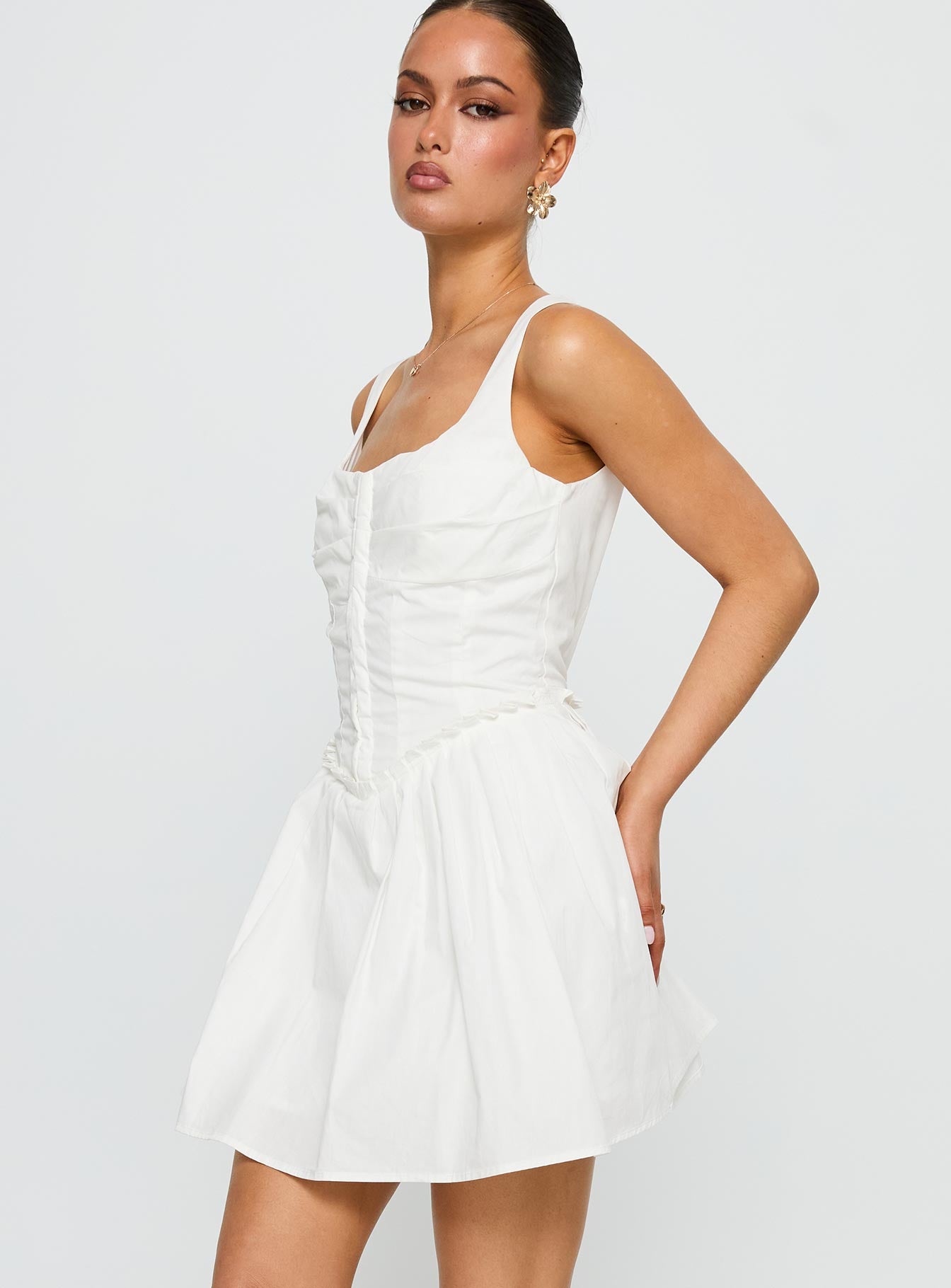 side view of model wearing Princess Polly Wild Ideas Mini Dress White Square Neck 