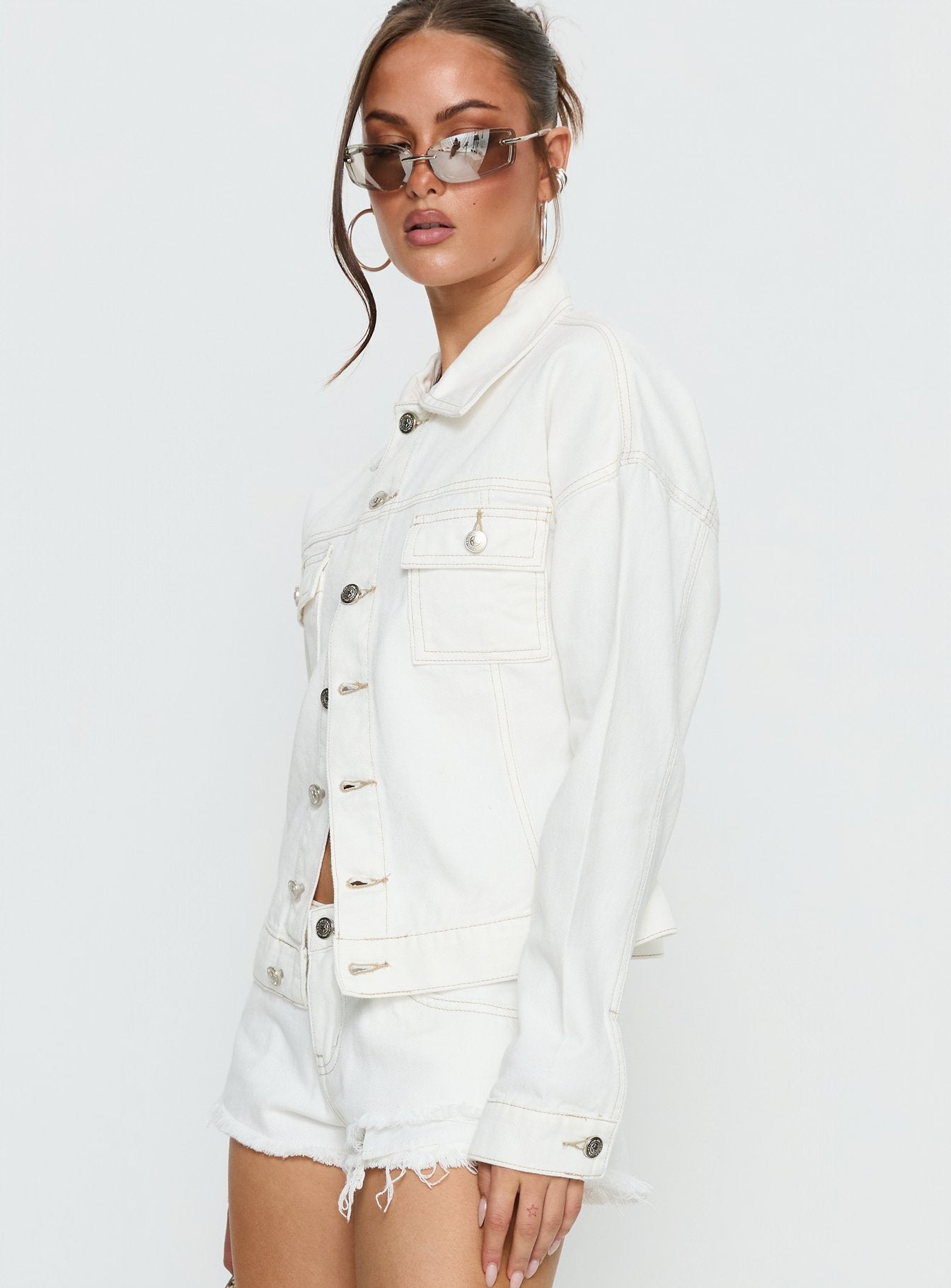 Caresse Cinched Denim Jacket White | Princess Polly
