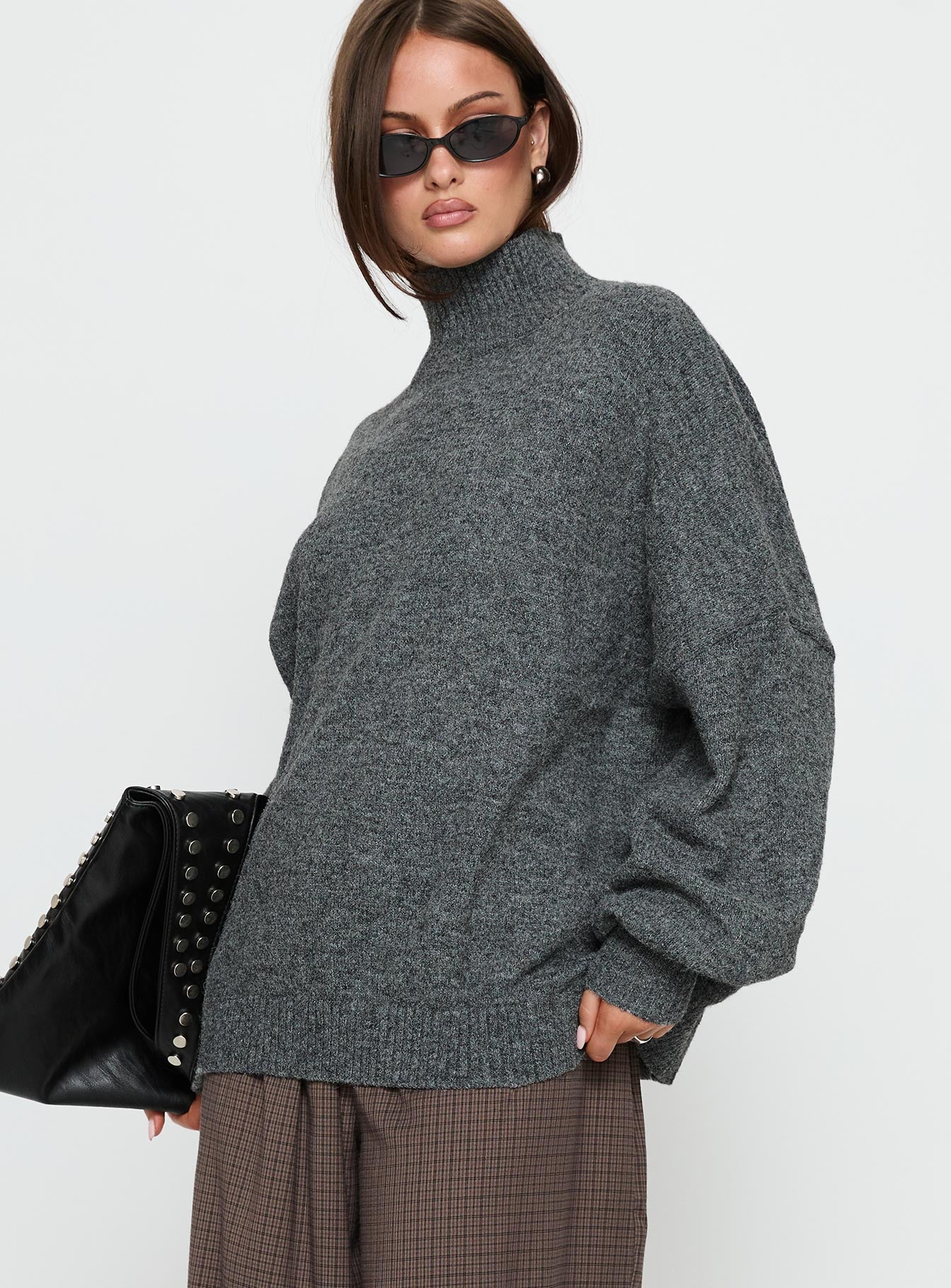 side view of model wearing Princess Polly Patrizia Funnel Neck Knit Sweater Grey Long 