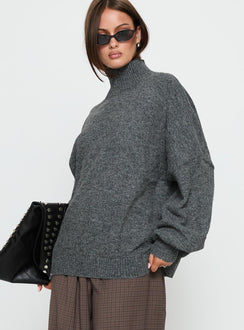 side view of model wearing Princess Polly Patrizia Funnel Neck Knit Sweater Grey Long 