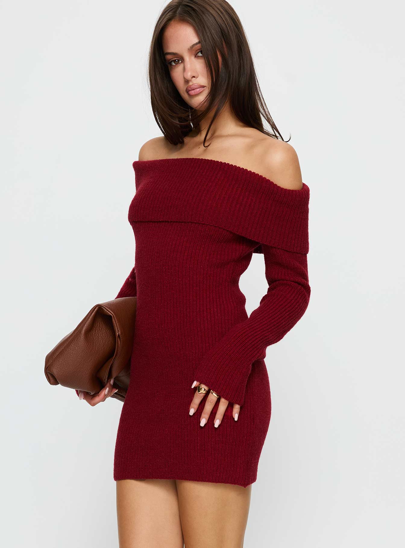 Noriko Long Sleeve Knit Mini Dress Brown | Princess Polly