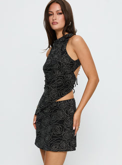   side view of model wearing Princess Polly Forget Me Diamonte Mini Skirt Black Mini Skirts 