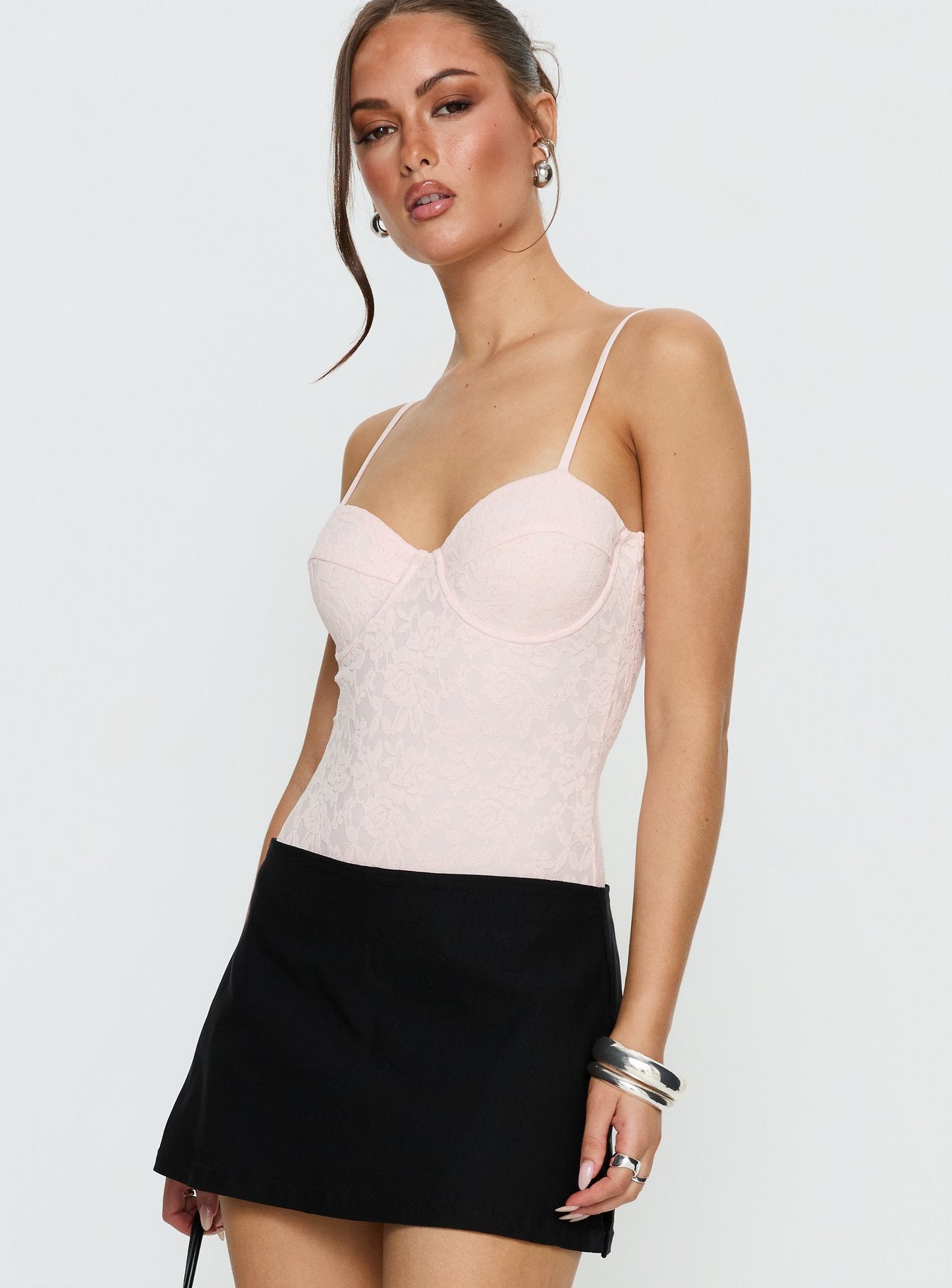 side view of model wearing Princess Polly Laryna Lace Bodysuit Pink Sleeveless 