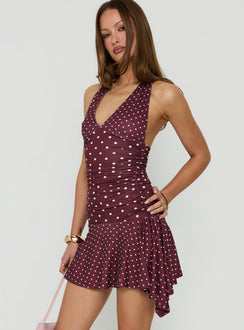 Mariellen Halter Mini Dress Plum Polka Dot