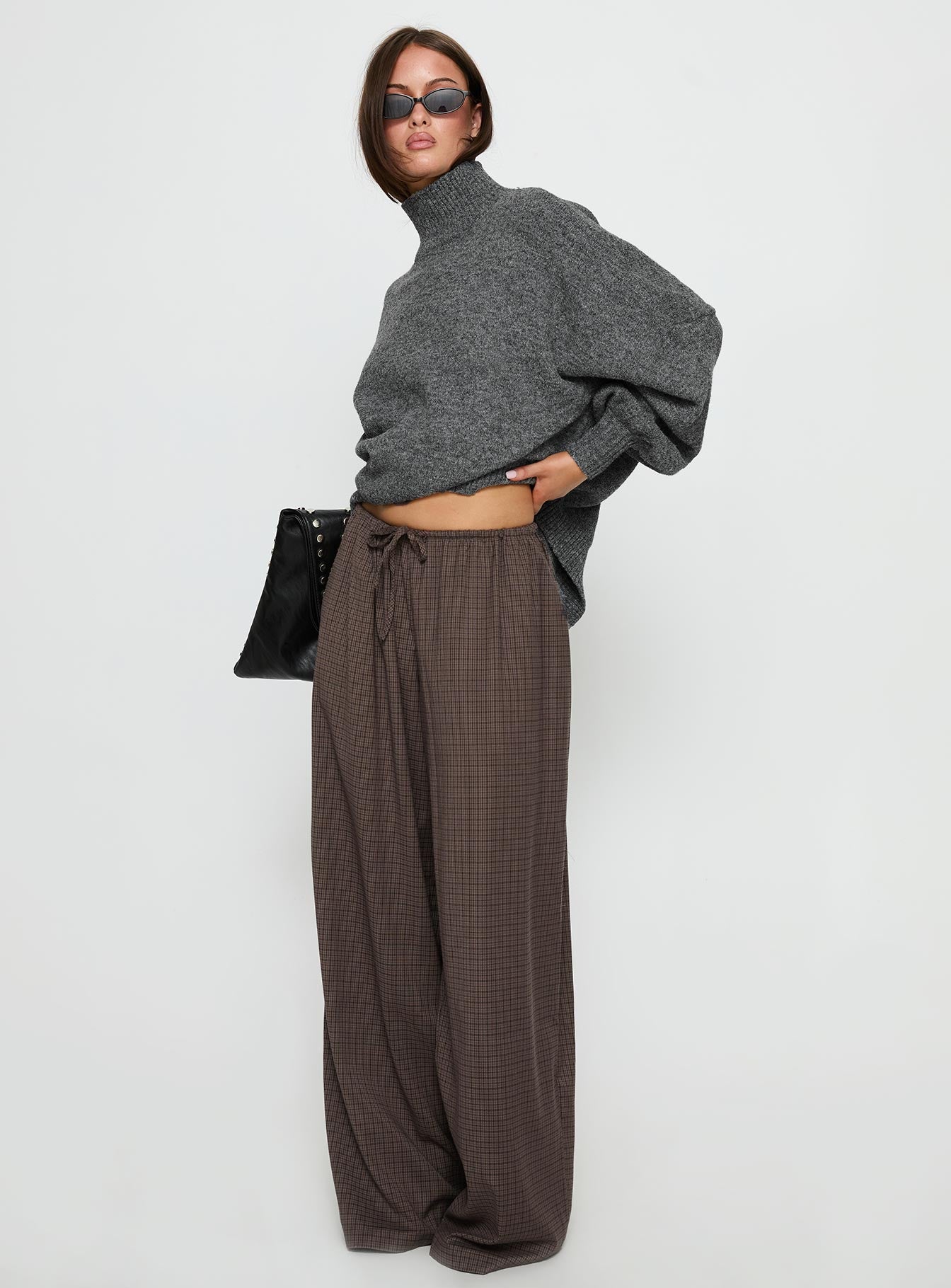 side view of model wearing Princess Polly Bungala Oversized Relaxed Pant Brown Check Mid Rise Pants 