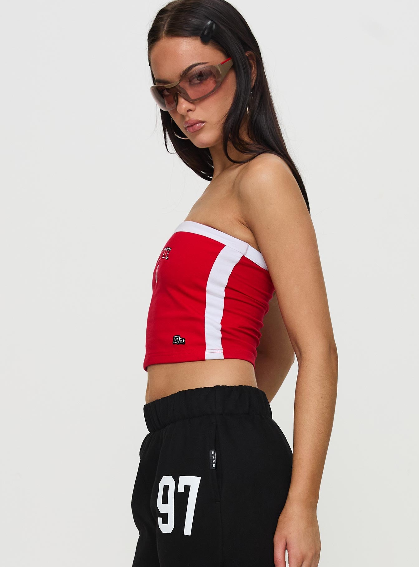 side view of model wearing Princess Polly SDSU All Star Tube Top Red Sleeveless straight 