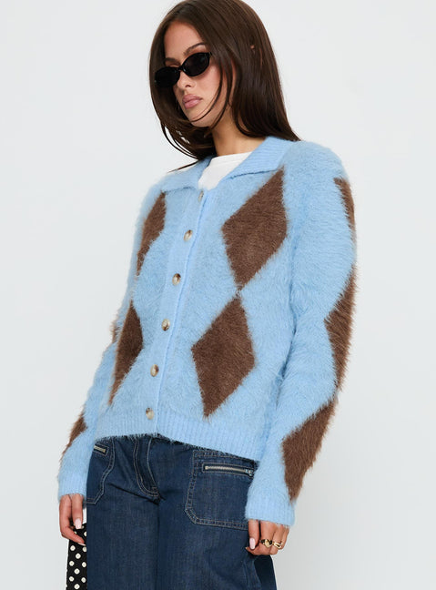 side view of model wearing Princess Polly Lynnsey Fluffy Collared Knit Sweater Blue Argyle Cropped 