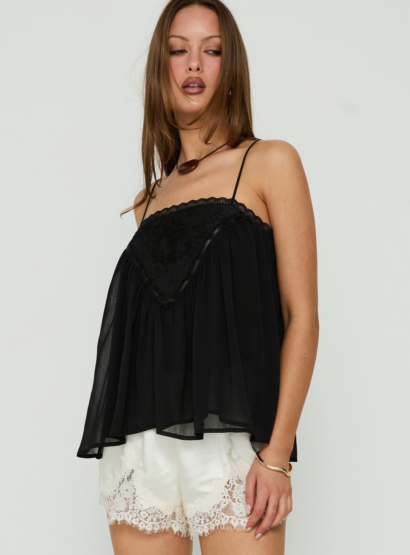 Evaina Lace Trim Flowy Top Black