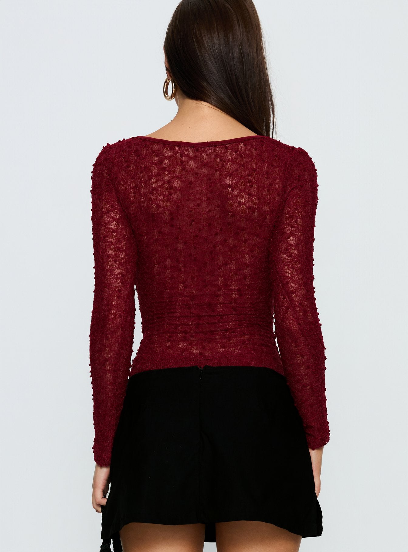 back view of model wearing Princess Polly Harly Sheer Long Sleeve Bodysuit Red Long Sleeve Tops 