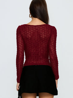 back view of model wearing Princess Polly Harly Sheer Long Sleeve Bodysuit Red Long Sleeve Tops 