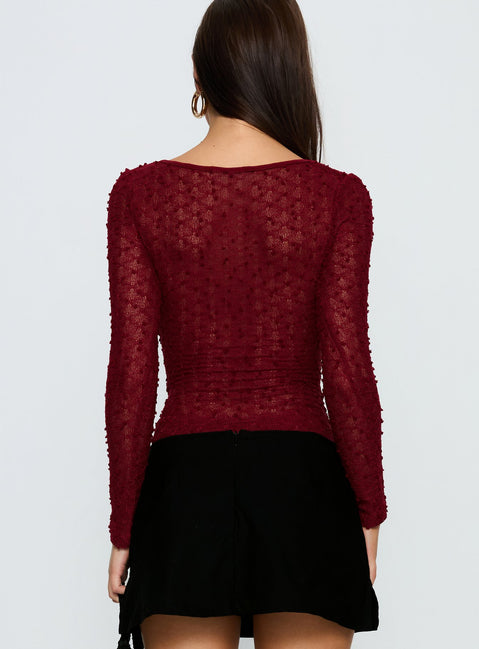 back view of model wearing Princess Polly Harly Sheer Long Sleeve Bodysuit Red Long Sleeve Tops 