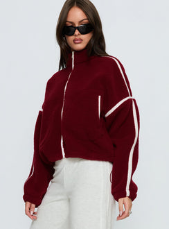 side view of model wearing Princess Polly Sammee Polar Fleece Contrast Zip Through Jacket Red Cropped Jumpers 