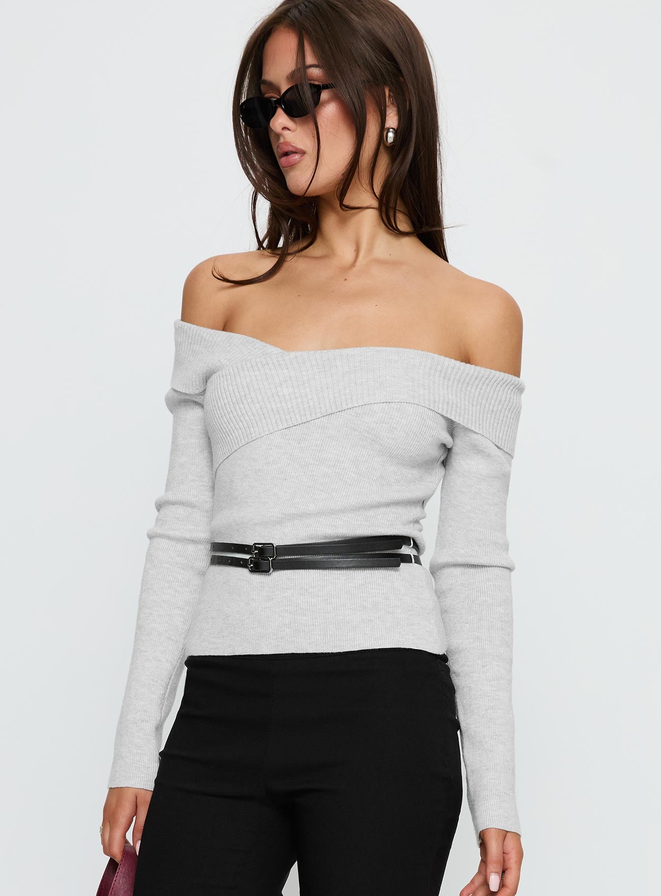 Ellenore Belt Detail Off Shoulder Top Grey | Princess Polly