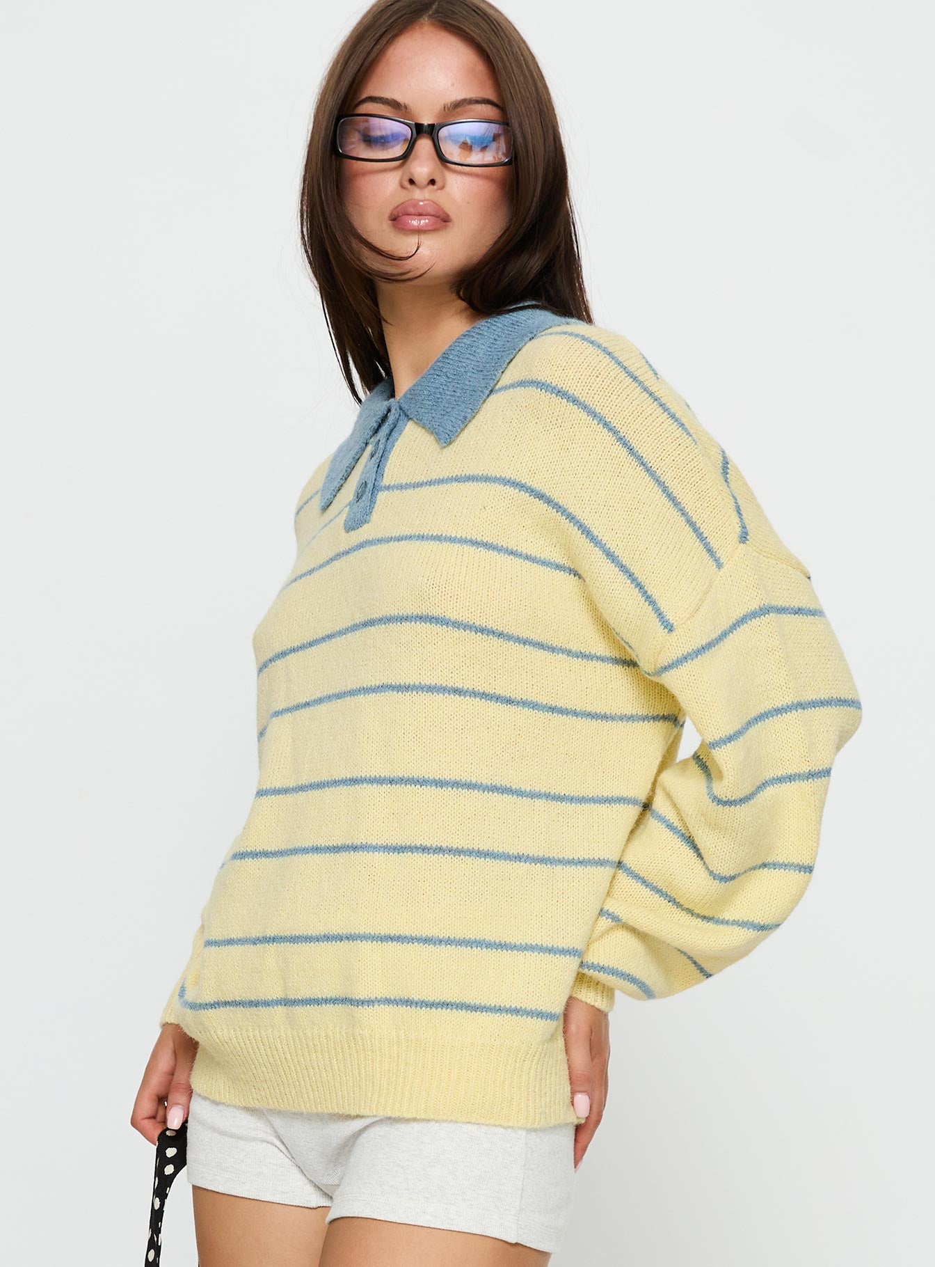 side view of model wearing Princess Polly Minda Collared Knit Sweater Yellow Stripe 
