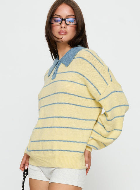 side view of model wearing Princess Polly Minda Collared Knit Sweater Yellow Stripe 