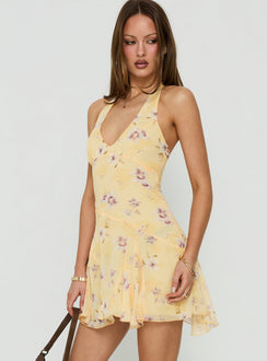 Isidorah Halter Pleat Mini Dress Blurred Yellow Floral