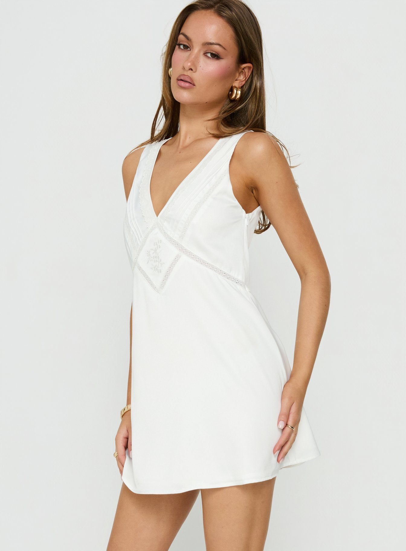 deep plunge embellished mini dress in white Versailles Deep Plunge Embellished Mini Dress in White
