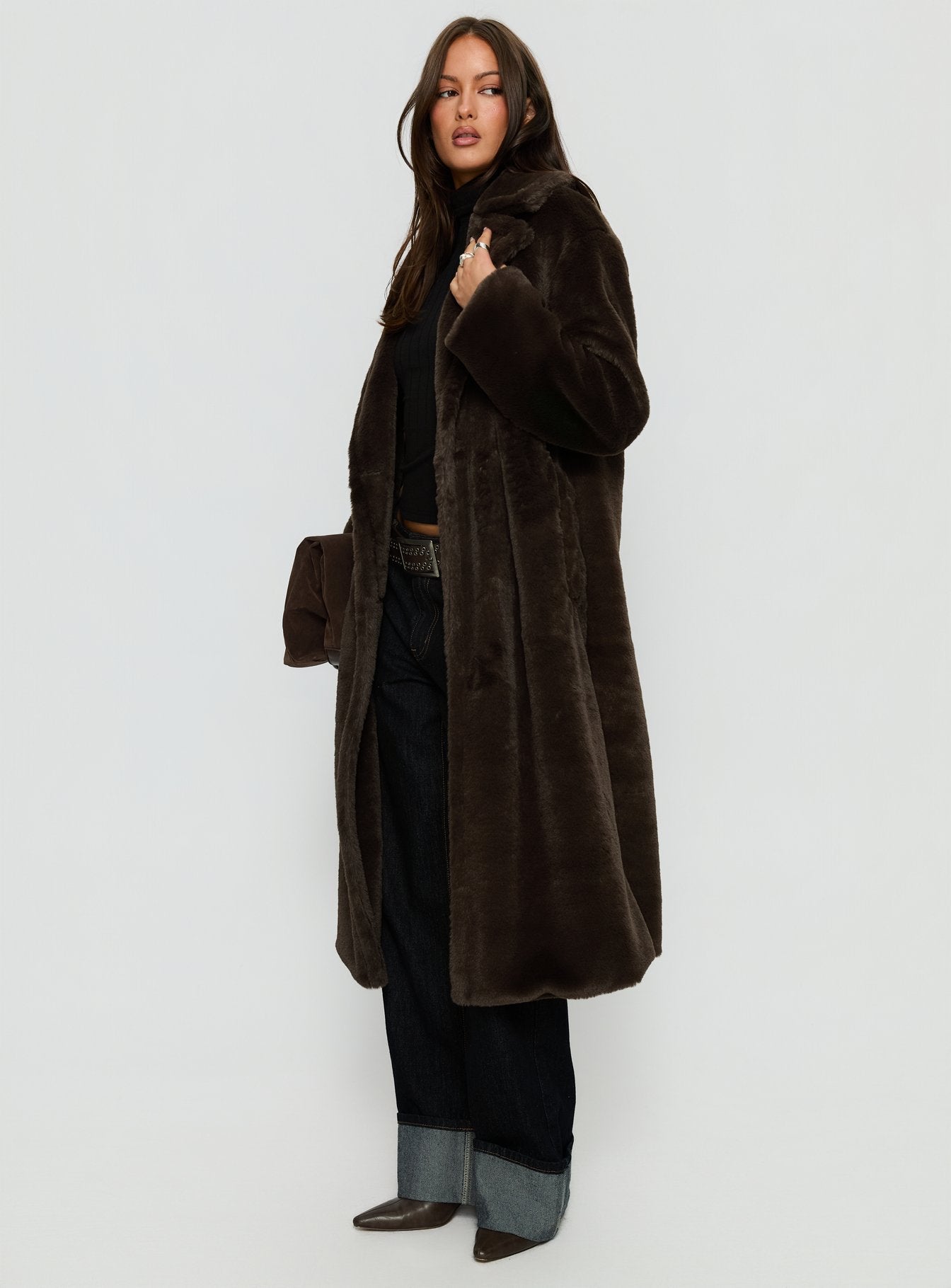 Alvie Longline Faux Fur Coat Brown | Princess Polly