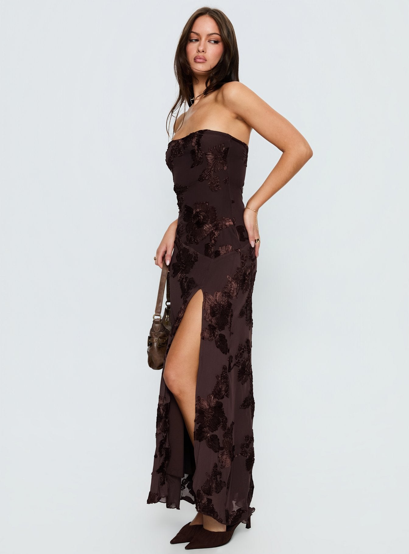 Maribeth Strapless Floral Maxi Dress Chocolate Brown | Princess Polly Maribeth Strapless Floral Maxi Dress Chocolate Brown | Princess Polly