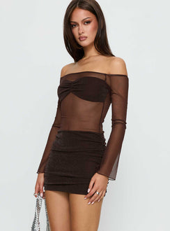 Briseida Mesh Long Sleeve Mini Dress | Chocolate | Womens