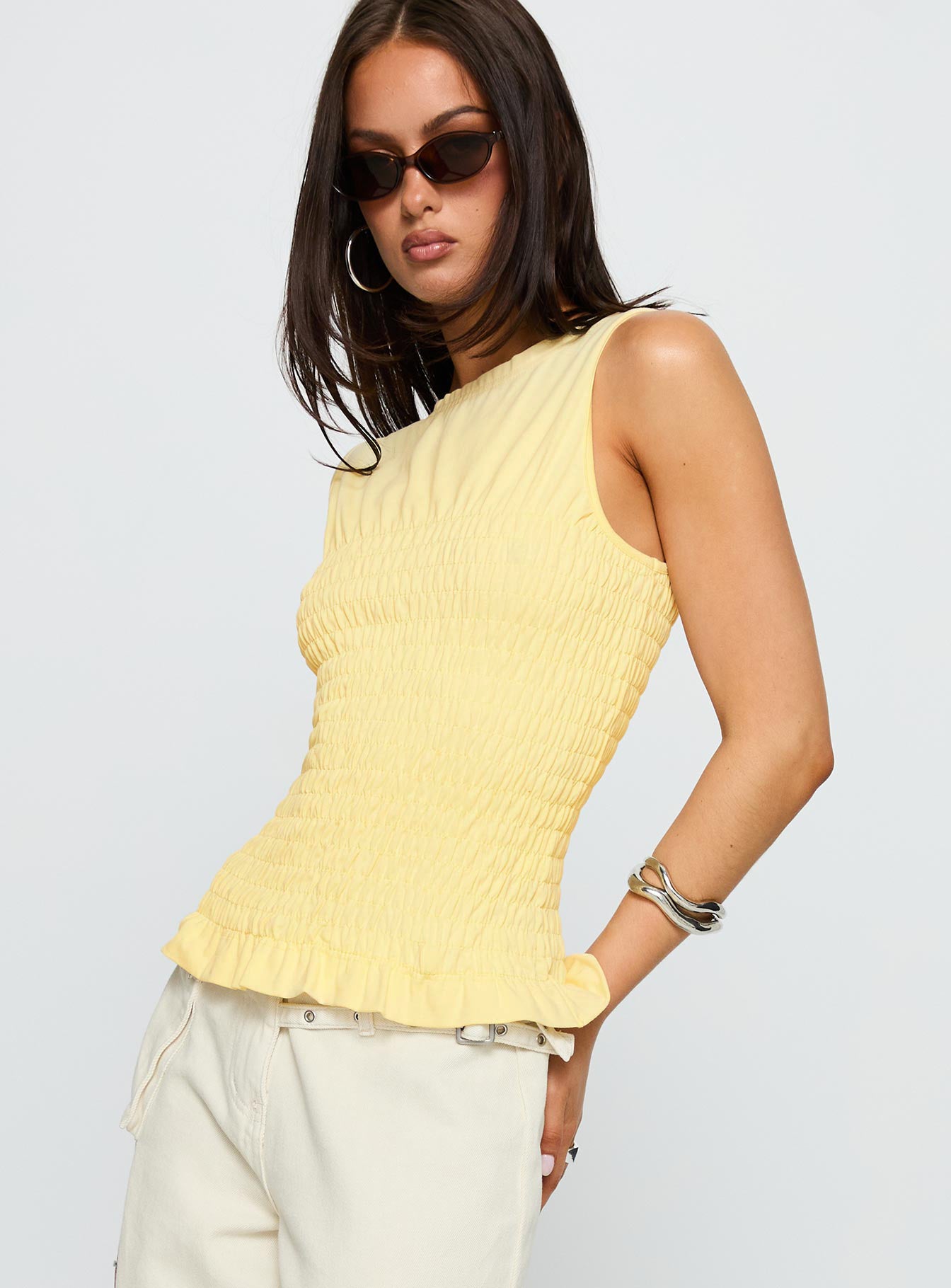 side view of model wearing Princess Polly Maybe Tomorrow Ruched Sleeveless Top Lemon Sleeveless Crew Neck 