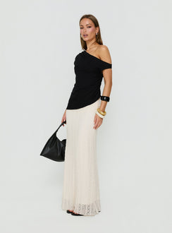 Introducing the Katerine Ruched Lace Maxi Skirt Cream in womens-skirts side view of model wearing Princess Polly