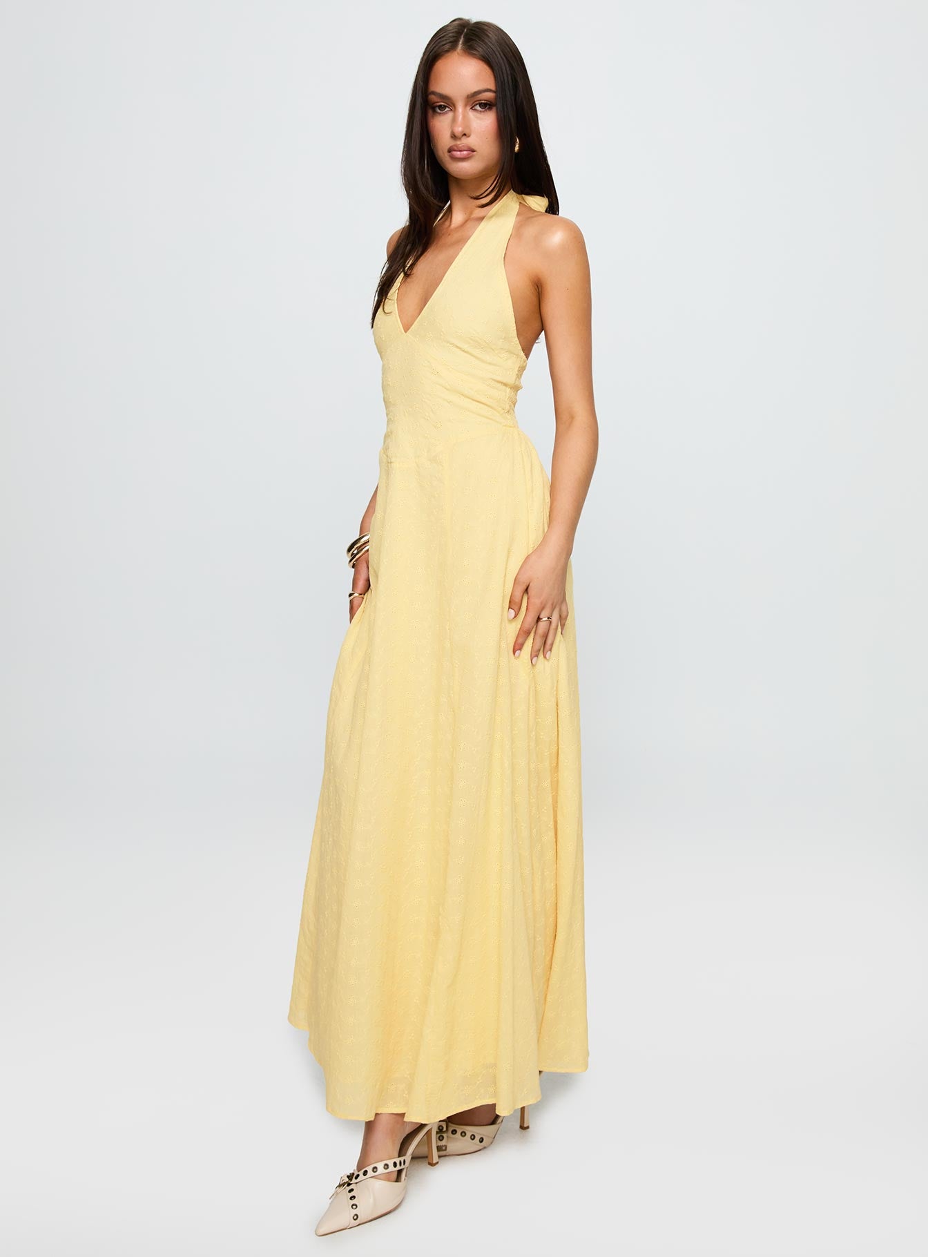 womens yellow maxi dress Tiered Eyelet Tiered maxi length Luxe Maxi Dress - Yellow