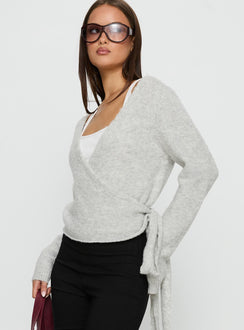 back view of model wearing Princess Polly Tonee Wrap Knit Cardigan Grey Cropped Jumpers 