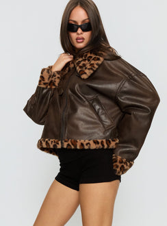 Brandyn Faux Fur Trim Jacket Brown / Leopard