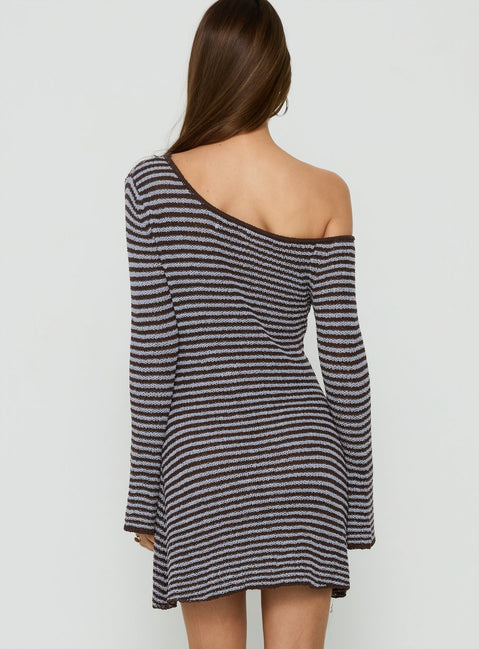 Katileya Off Shoulder Long Sleeve Mini Dress Brown / Blue Stripe
