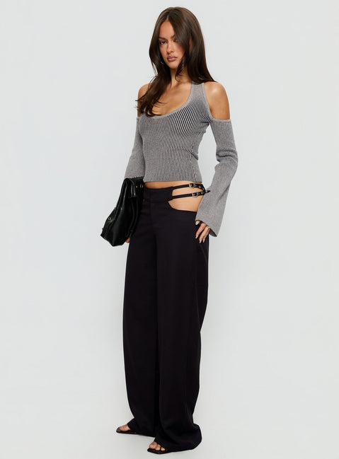 front view of model wearing Princess Polly Venicia Belt Detail Suiting Pant Black Pinstripe Mid Rise Pants 