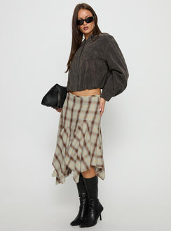   side view of model wearing Princess Polly Toshie Asymmetrical Midi Skirt Multi Check Midi Skirts 