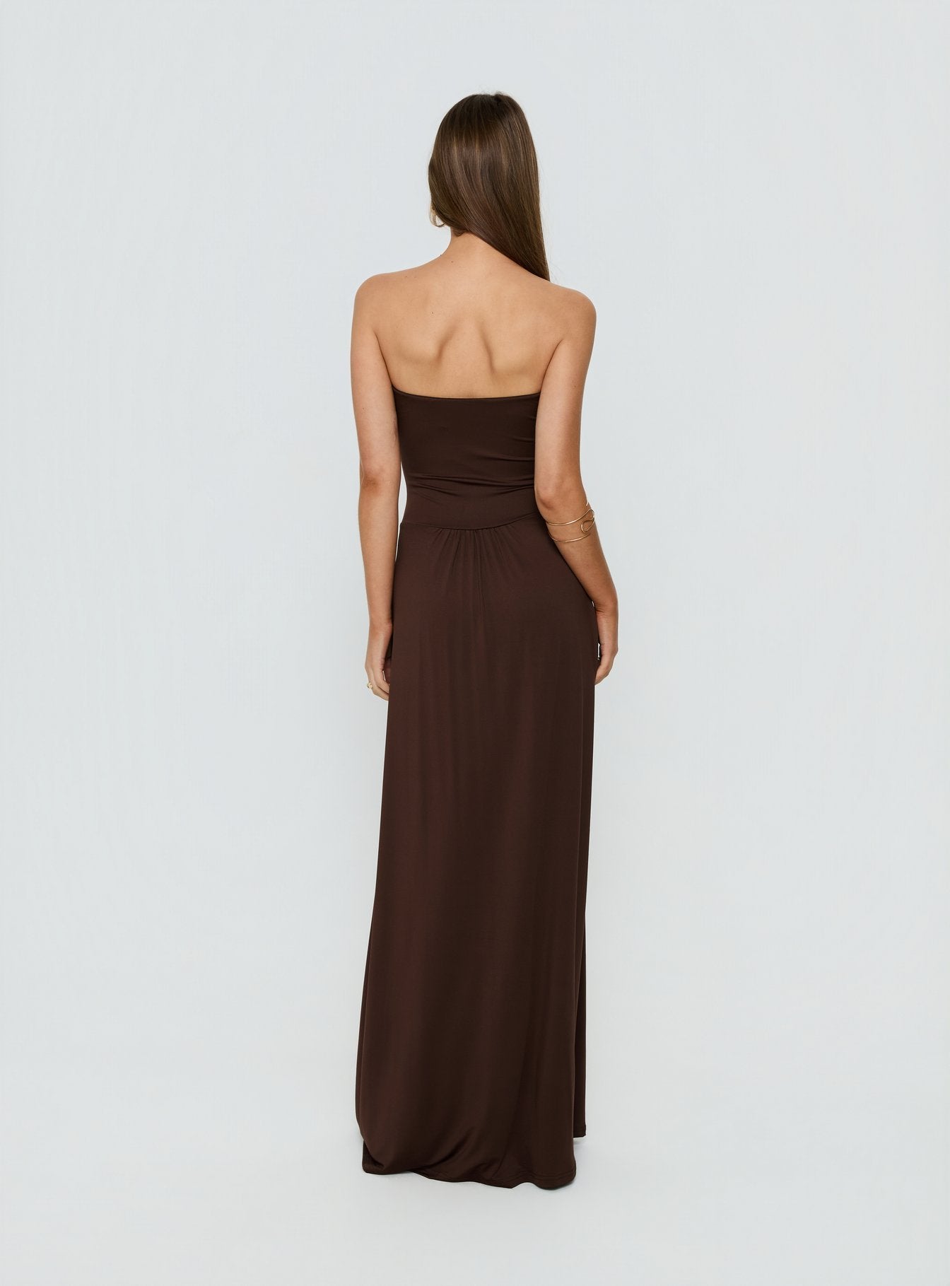 brown strapless drop waist dress Women's Chocolate Ruched Scarf Dropped Waist Maxi Dress