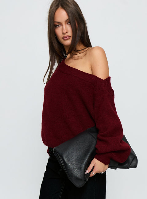 side view of model wearing Princess Polly Noble Off The Shoulder Sweater Red Cropped Jumpers 