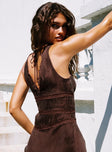 back view of model wearing Princess Polly Karlotta Lace Bias Maxi Dress Brown Plunger 