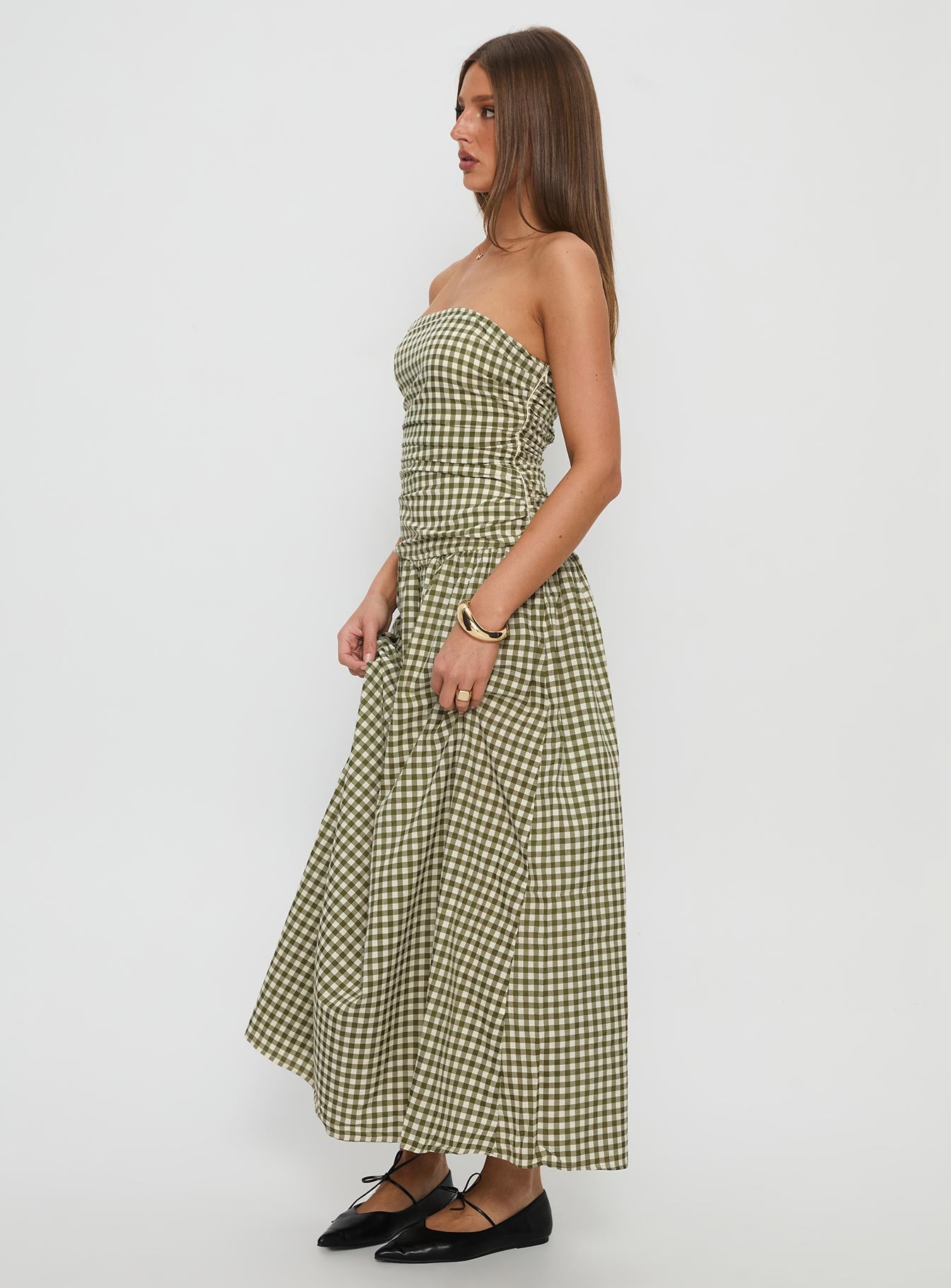 Frankey Strapless Drop Waist Maxi Dress Green Check, US 0 / Green check Frankey Strapless Drop Waist Maxi Dress Green Check, US 0 / Green check