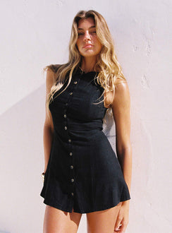 side view of model wearing Princess Polly Dollie Linen Mini Dress Black Petite Crew Neck 