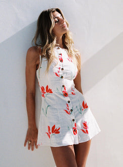 front view of model wearing Princess Polly Dollie Linen Mini Dress Floral High Neck 