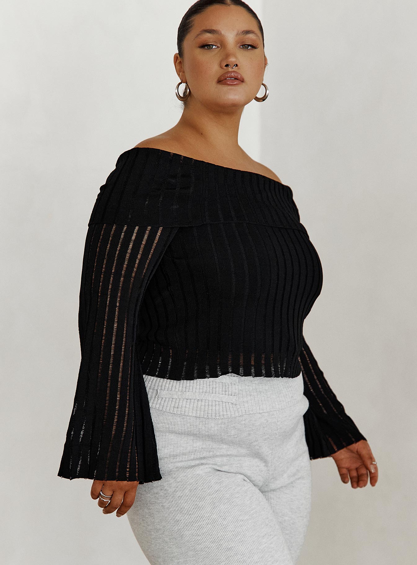 product Princess Polly Full Sleeves Boat Neck  Sorrel Off The Shoulder Top Black Curve
