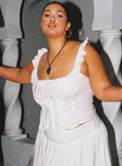 Linen top Corset style, frill detail on bust & shoulders, button fastening at front 
