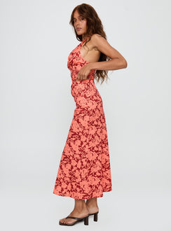   side view of model wearing Princess Polly Casablanca Maxi Skirt Red Floral Maxi 