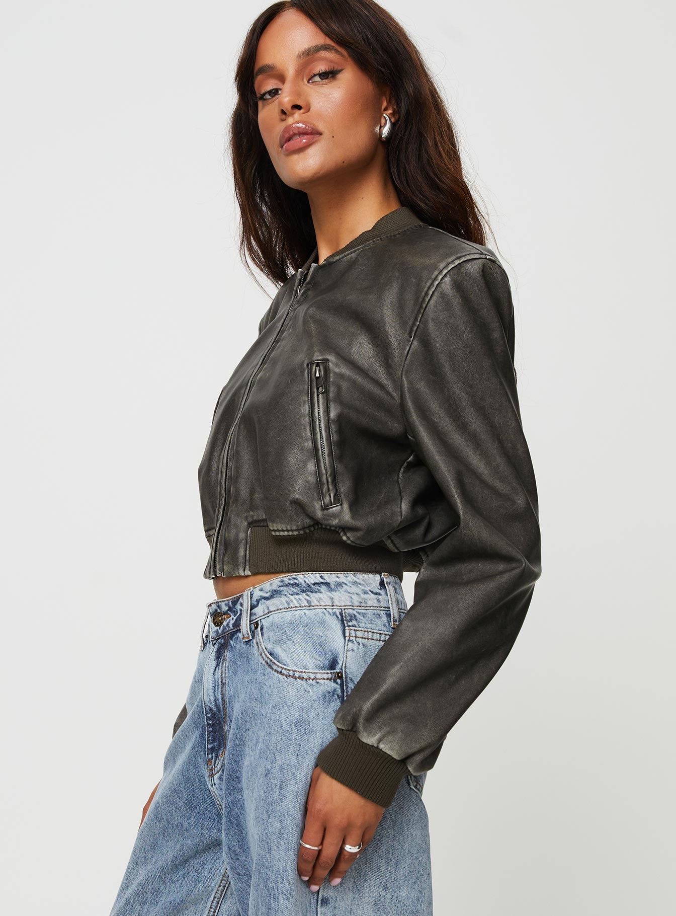 Faux leather bomber jacket High neckline, zip fastening, twin hip pockets, elasticated waistband and cuff