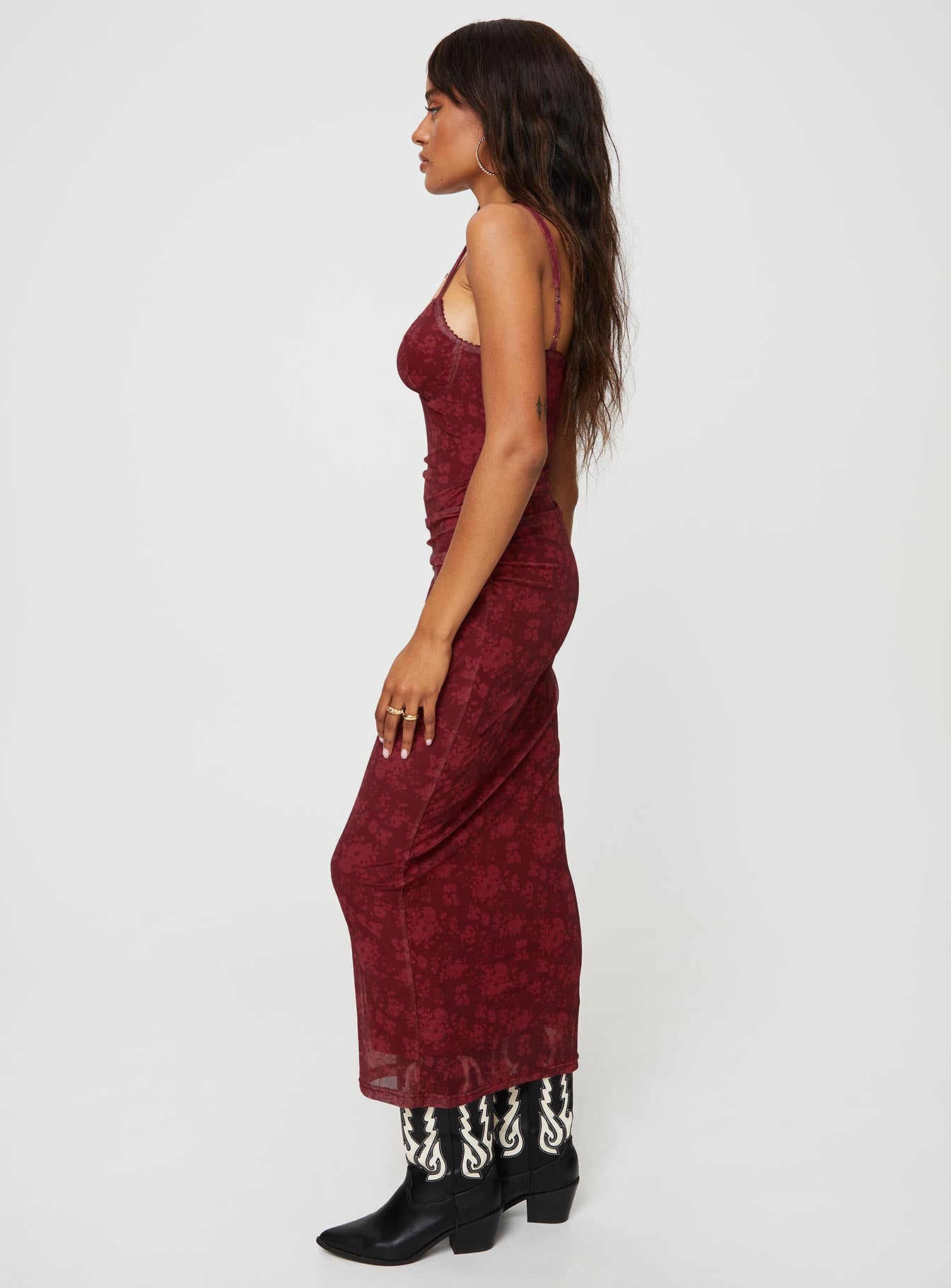 Front view of model wearing  front Princess Polly Asymmetric Neckline  Cotter Maxi Dress Burgundy Floral