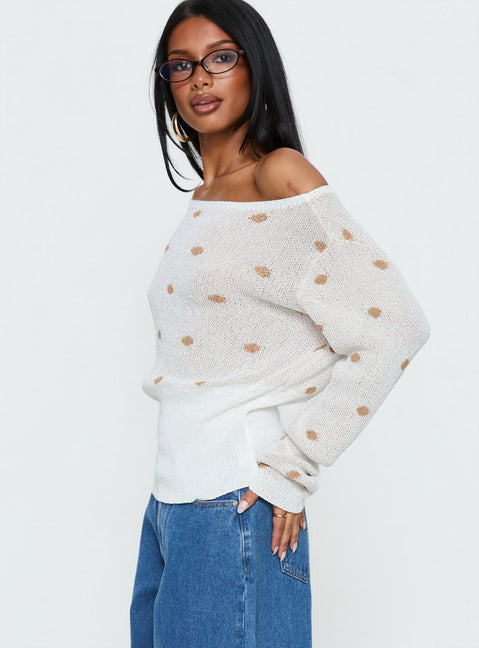 side view of model wearing Princess Polly Harvy Off Shoulder Knit Sweater White Polka regular 