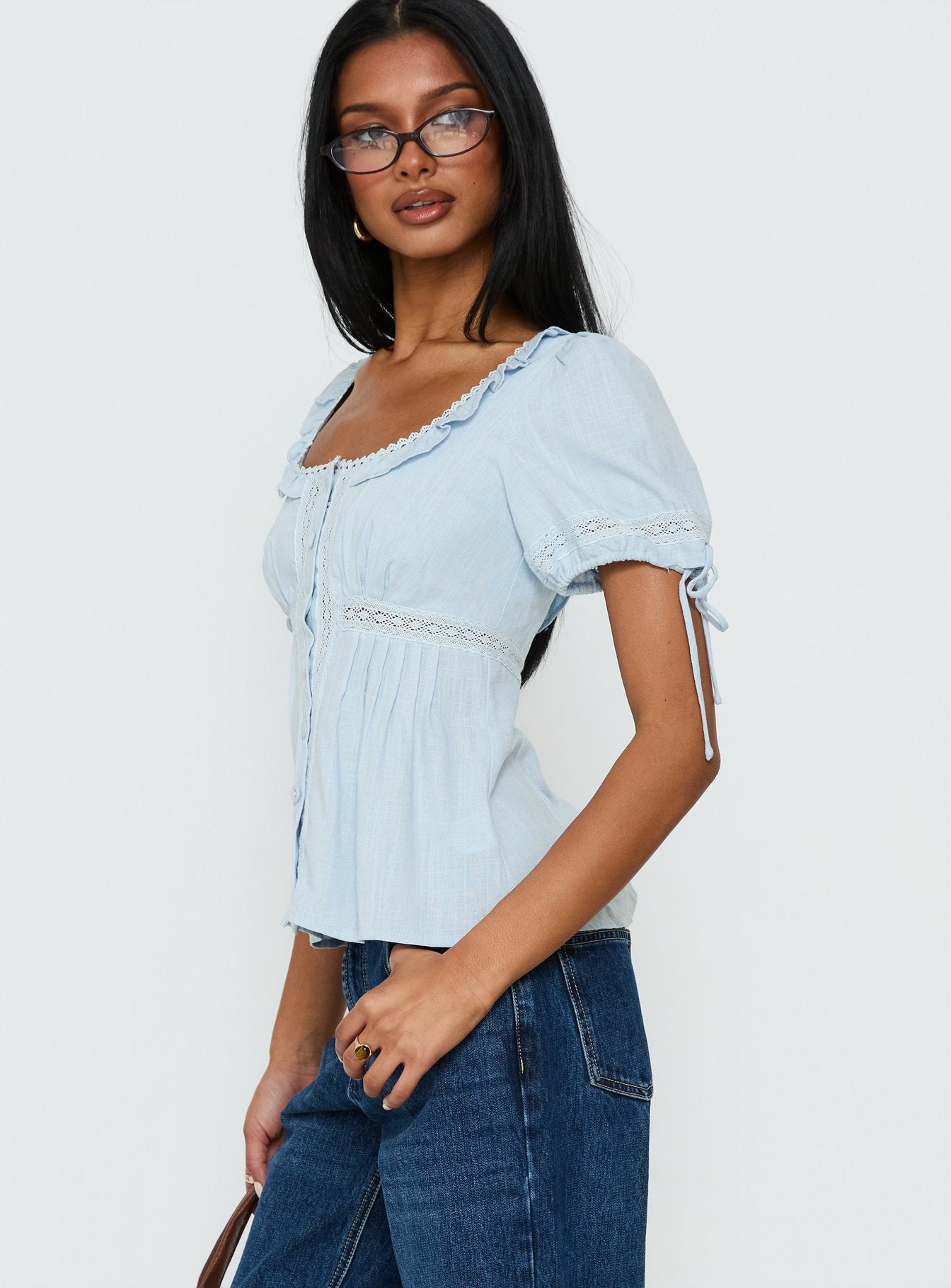 Indianah Pleat Lace Panel Blouse Top Blue | Princess Polly