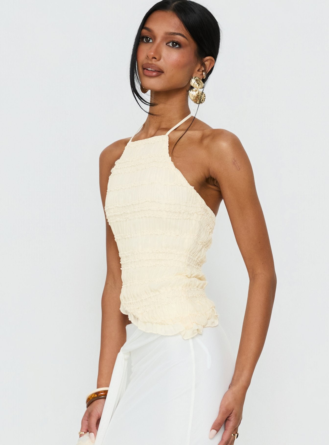 Stairway To Heaven Shirred Asymmetrical Halter Top Cream