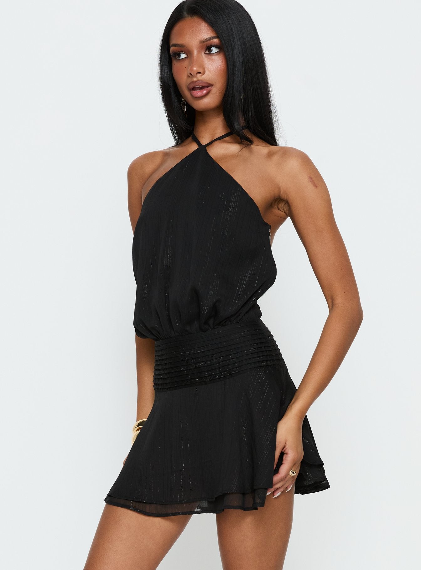 Rozario Chiffon Halter Mini Dress Black | Silver | Black | Silver | Womens | Princess Polly Rozario Chiffon Halter Mini Dress Black | Silver | Black | Silver | Womens | Princess Polly