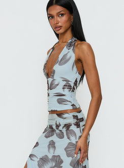 Roselin Mesh Halter Top Blue Floral