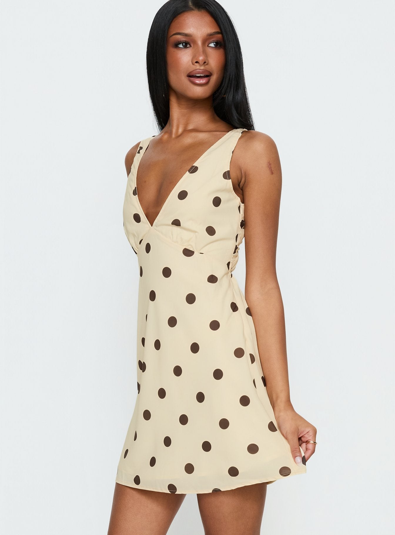 Nellie Mini Dress Lemon / Brown Polka Dot | Princess Polly